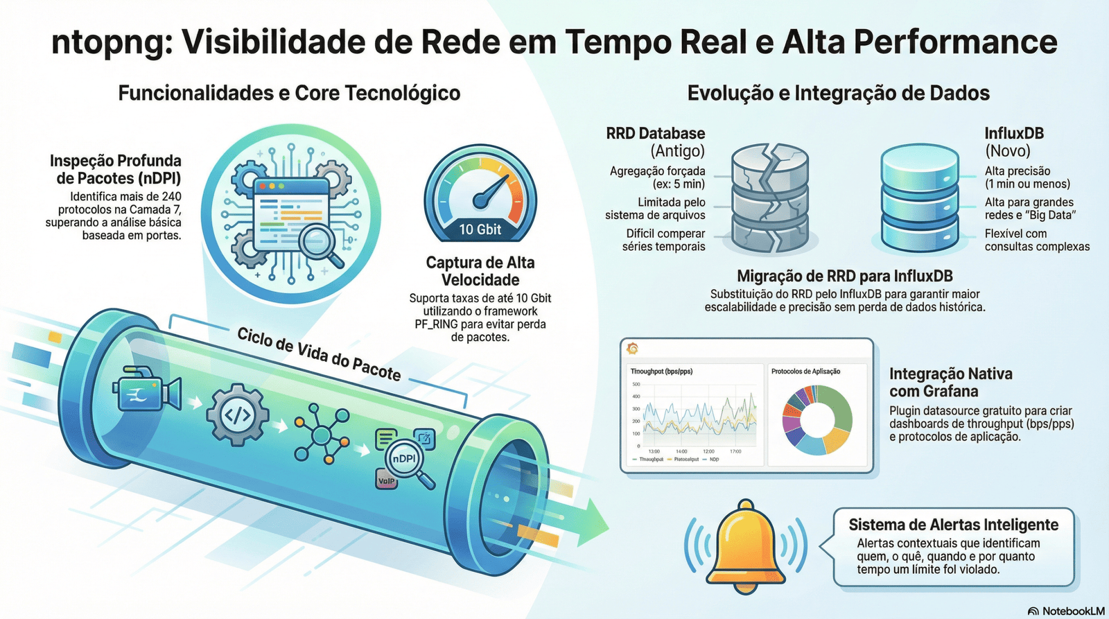 O ntopng é uma ferramenta de monitoramento de rede em tempo real que fornece uma visão abrangente do tráfego de rede.