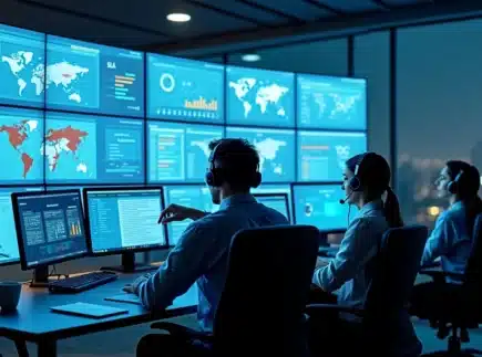 Equipe de help desk de TI monitorando painel central de atendimento