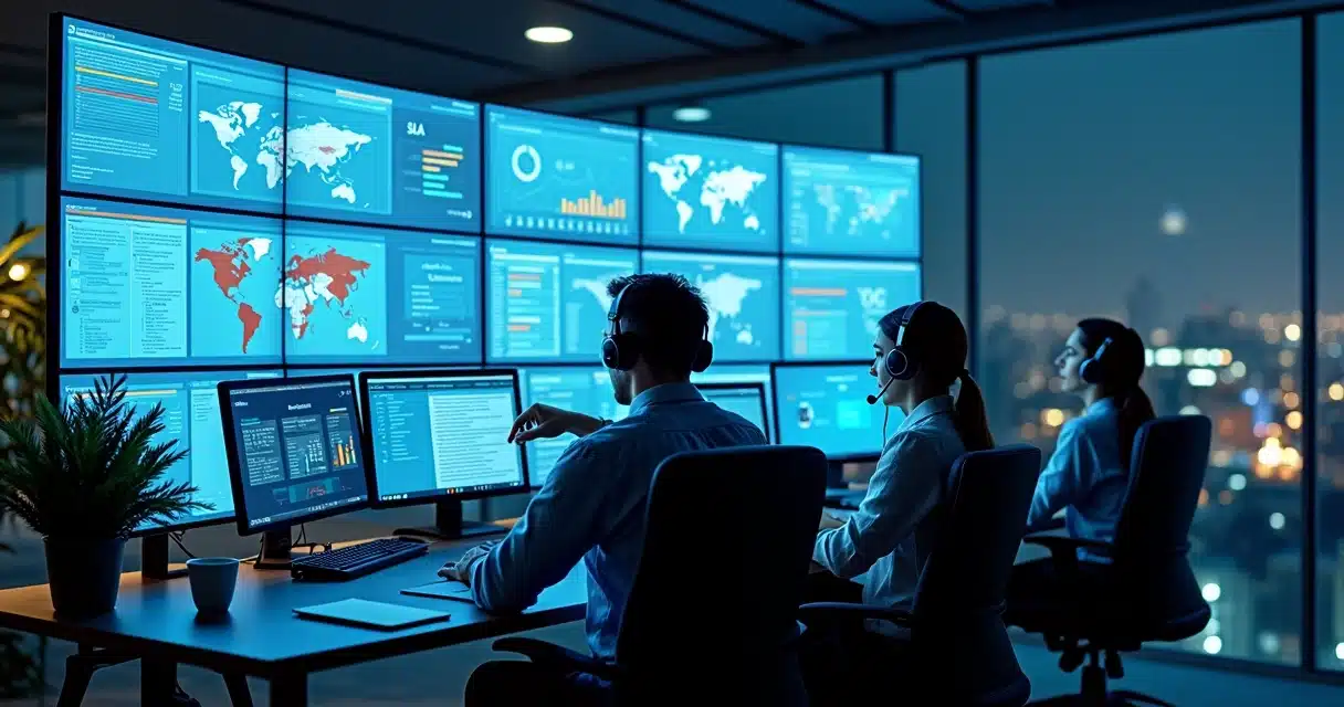 Equipe de help desk de TI monitorando painel central de atendimento