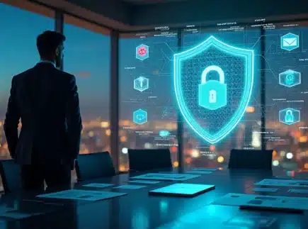 Executivo observando painel digital com escudo de proteção de dados empresariais
