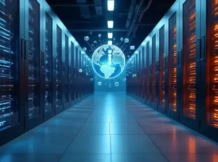 Corredor de datacenter moderno com servidores iluminados em azul e laranja