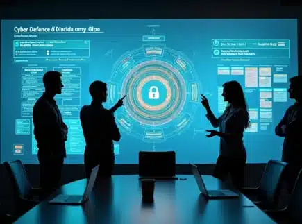 Equipe especializada de TI analisando mural digital de cibersegurança corporativa