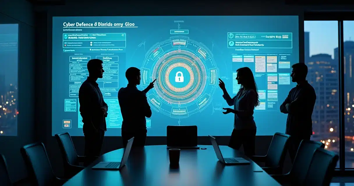 Equipe especializada de TI analisando mural digital de cibersegurança corporativa
