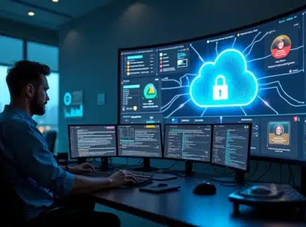 Profissional analisa painel com ícones do Google Workspace conectados a nuvem e cadeado digital