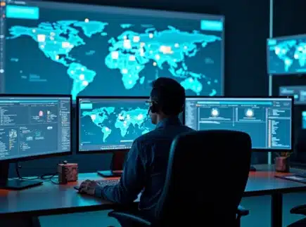 Administrador de TI monitora painéis de segurança e estrutura de domínio em rede corporativa