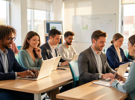 Profissionais estudando em ambiente de universidade digital, o futuro da educação continuada