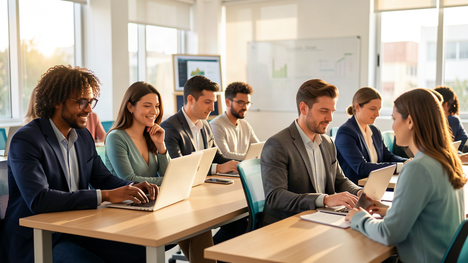 Profissionais estudando em ambiente de universidade digital, o futuro da educação continuada