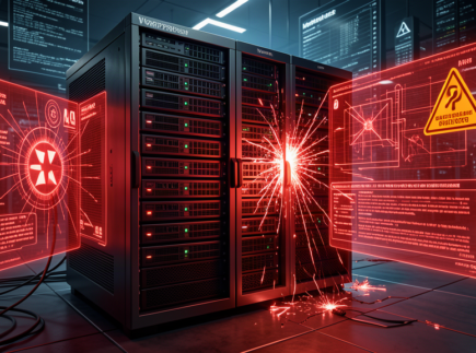 WordPress server sob ataque digital com painel de alerta vermelho estilo cinematic corporativo