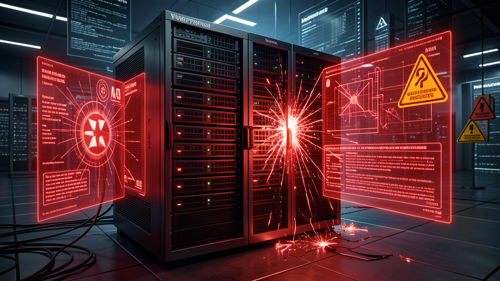 WordPress server sob ataque digital com painel de alerta vermelho estilo cinematic corporativo