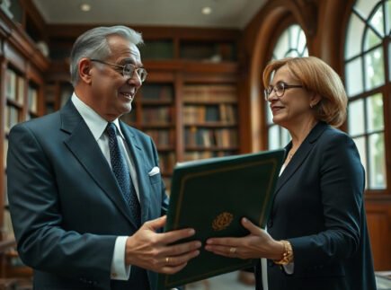 Reitor universitário e coordenadora acadêmica estruturando chancela universitária oficial MEC