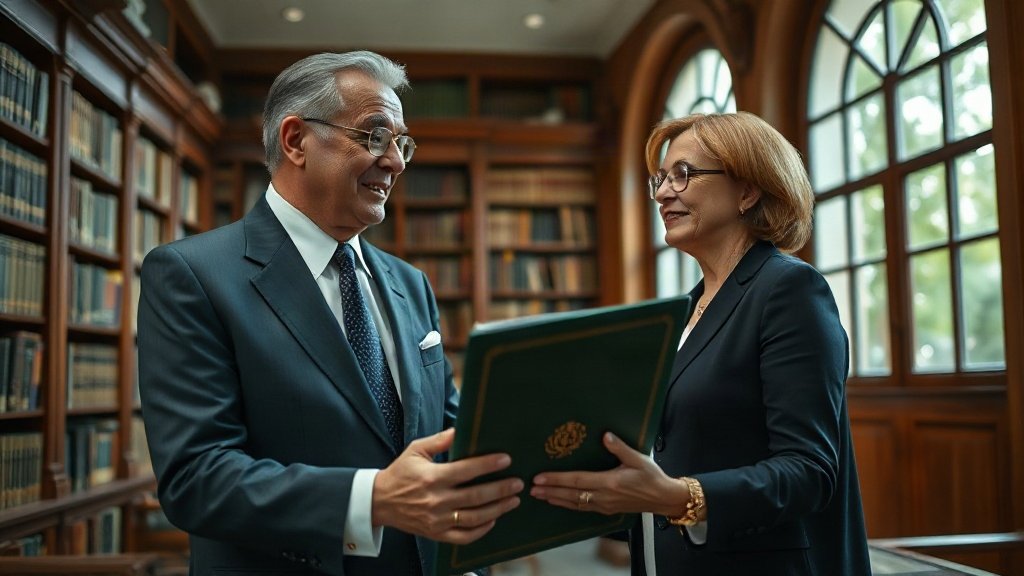 Reitor universitário e coordenadora acadêmica estruturando chancela universitária oficial MEC